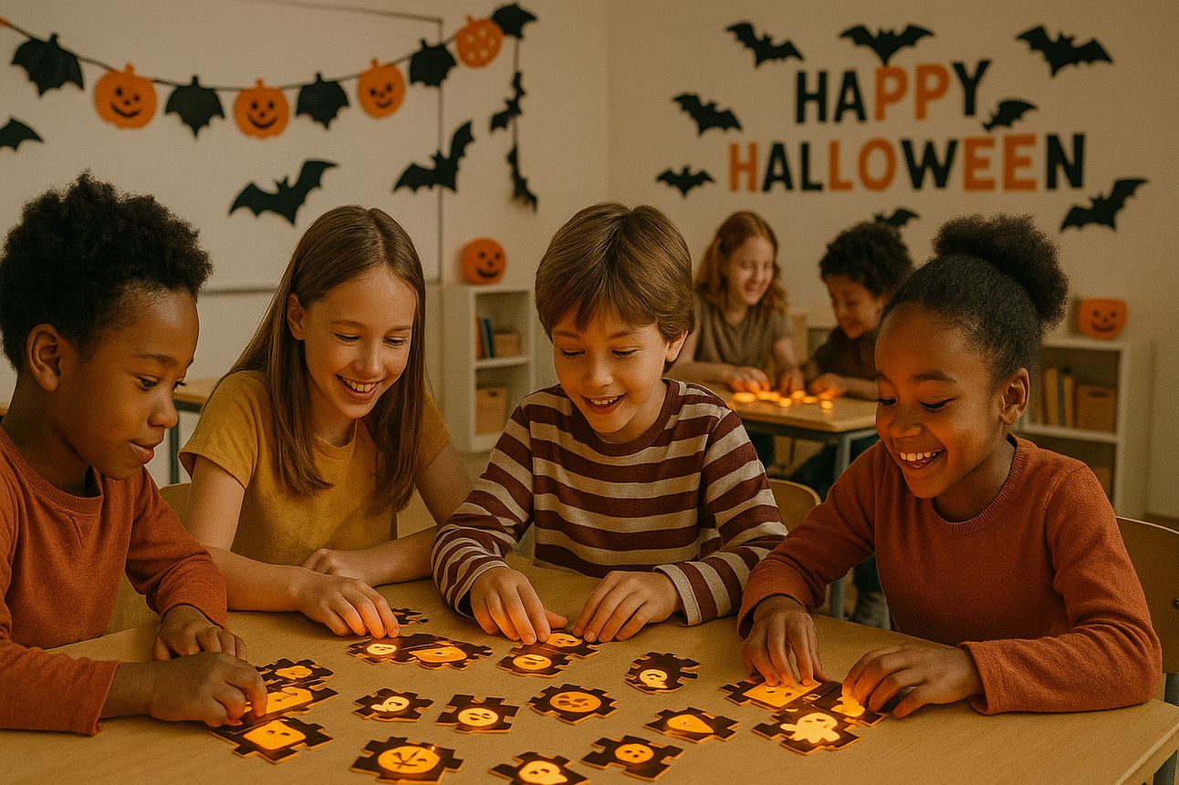 Black children and classmates solving glowing Halloween puzzles in small groups at their desks, surrounded by cheerful classroom decorations like bats, jack-o’-lanterns, and a “Happy Halloween” sign.