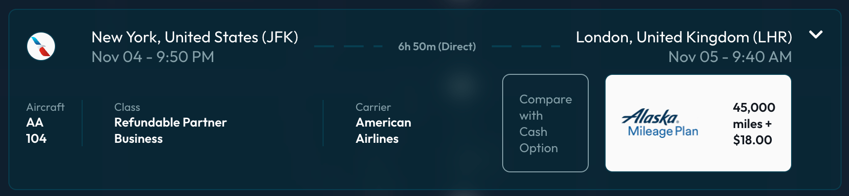 New York to London for 45,000 Alaska miles in business class