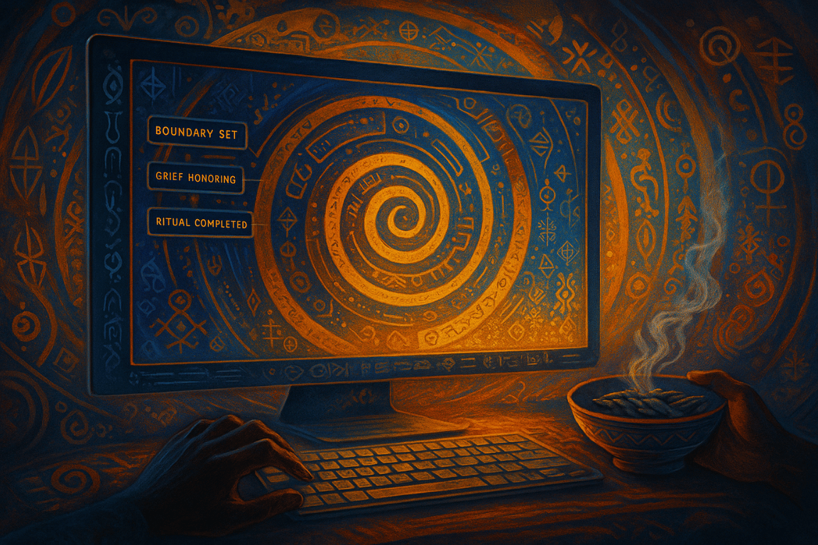 A mental health dashboard glows with consent-based metrics and ancestral motifs, honouring identity through narrative data.