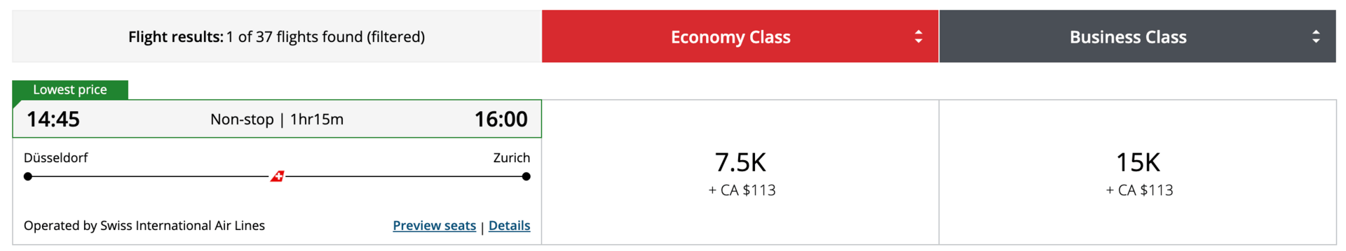 Swiss new A350 flight for 15,000 Aeroplan points in business class