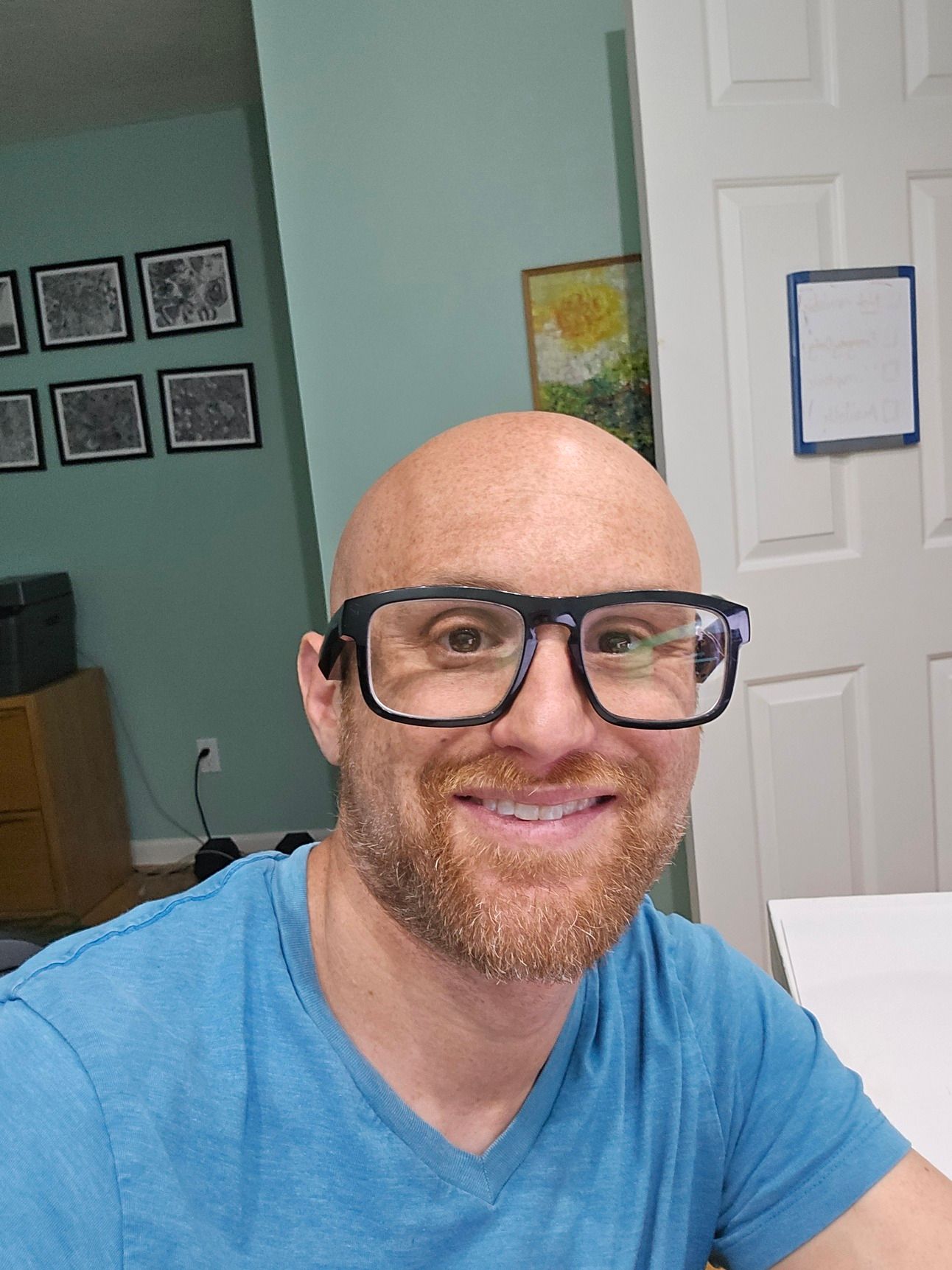 A selfie of me in an office with seafoam green walls, with six framed black and white drawings on the left, and a pointillist painting above my head. A white door is opened into the room. I'm a bald, middle-aged, white man with a red beard flecked with white. I'm wearing glasses with a thick black rim and a bright blue shirt.
