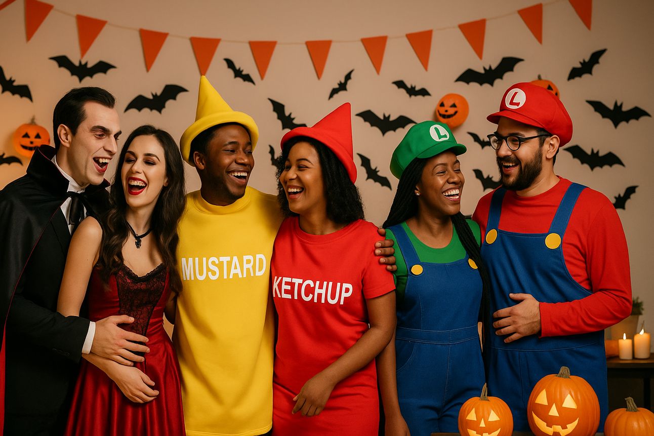 Four couples pose at a Halloween party in fun, themed costumes with festive decorations in the background, including orange pennant banners, black bat cutouts, jack-o'-lanterns, and glowing candles. One Black couple is dressed as ketchup and mustard, and another as Luigi and Mario. The remaining couples include a vampire duo and a pair dressed as Wonder Woman and Waldo. Everyone is smiling and enjoying the lively, joyful atmosphere.