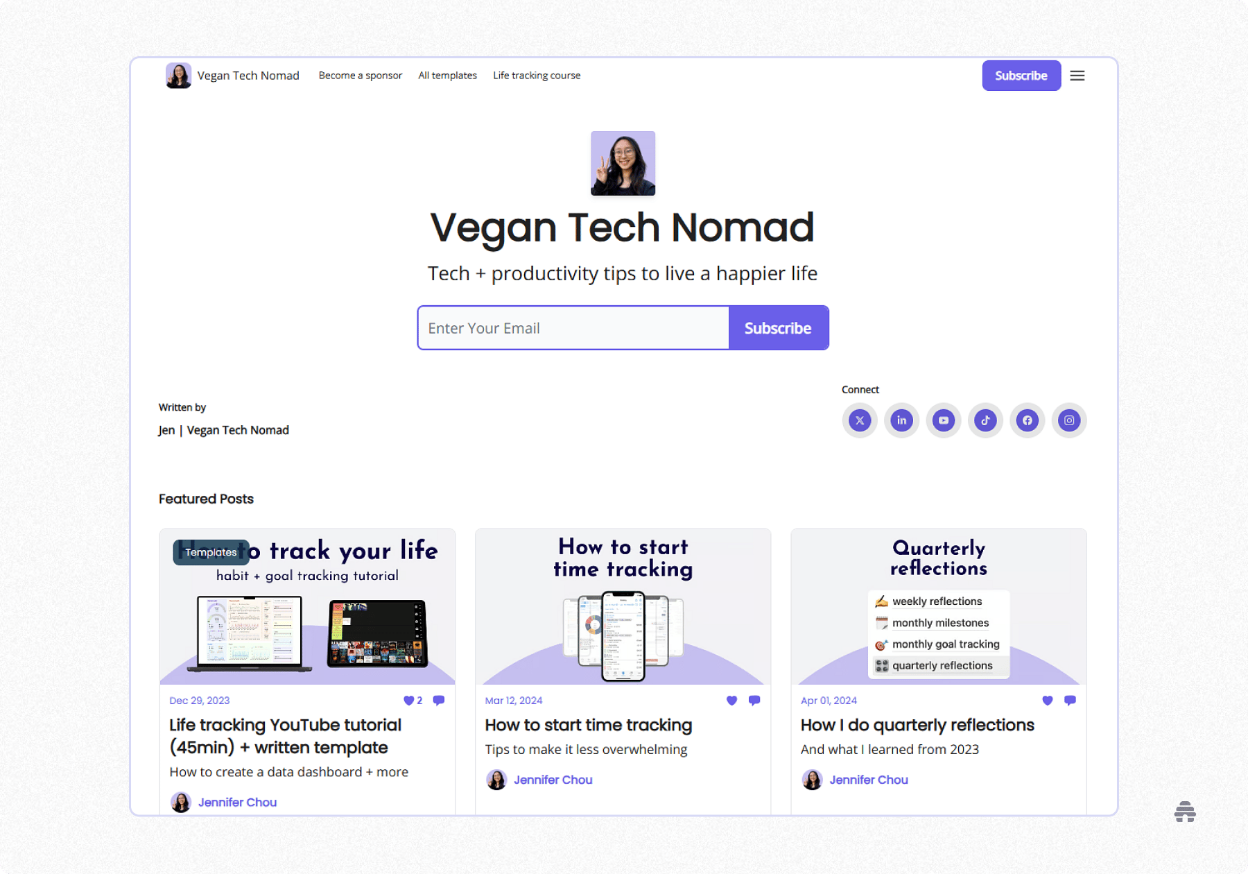 Homepage of the Vegan Tech Nomad newsletter featuring tech and productivity tips, an email subscribe form, social links, and highlighted posts on life-tracking, time-tracking, and quarterly reflections by creator Jennifer Chou