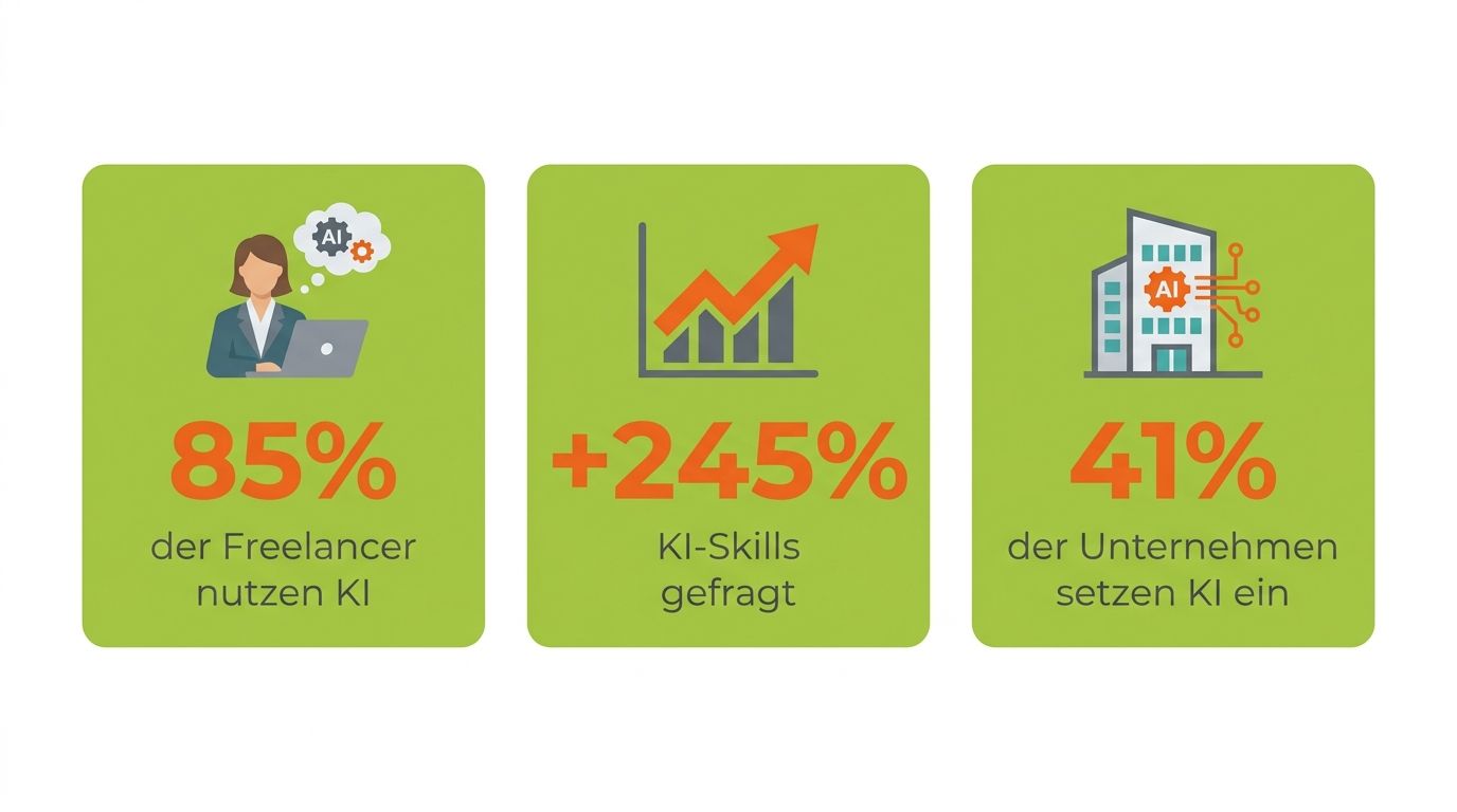 Infografik KI-Kompetenzen Statistiken 2026: Freelancer-Nutzung, Skills Economy, Bitkom-Daten