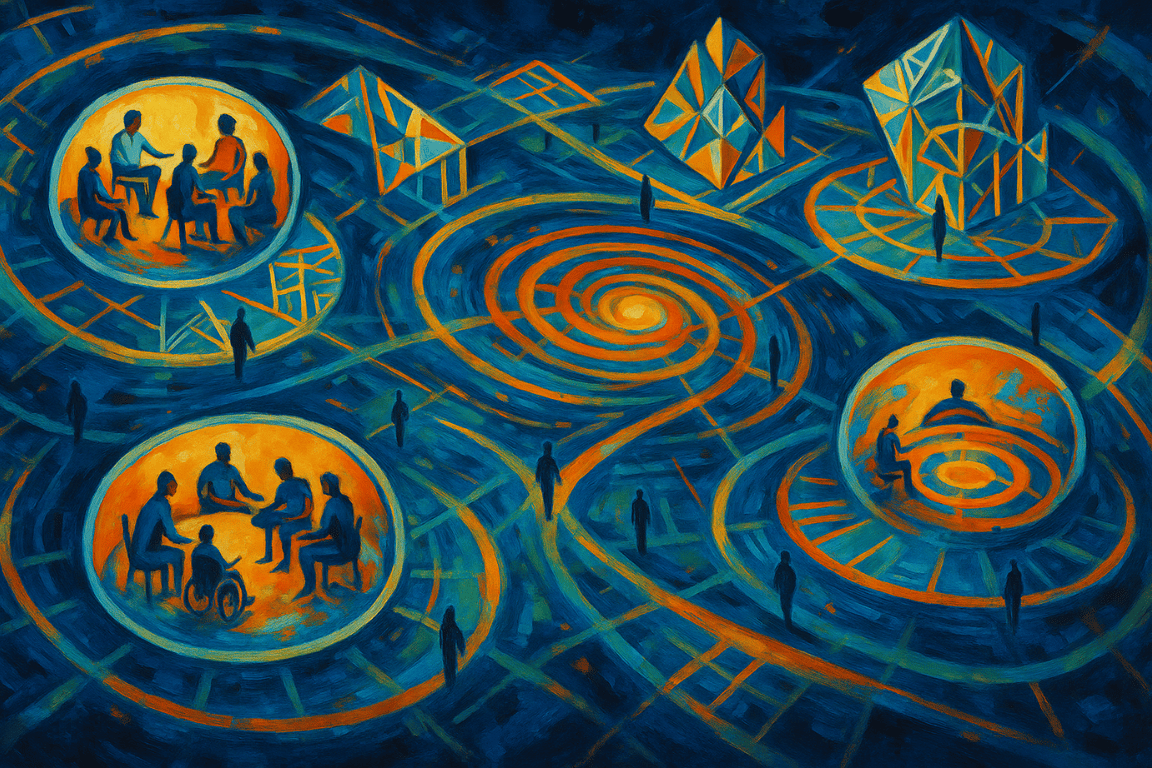 A comprehensive constellation view of an Intersectional Futurist healing platform ecosystem showing interconnected healing circles, creative studios, organizing hubs, and cultural wisdom libraries connected by flowing energy pathways, with diverse figures navigating between different healing and empowerment spaces.