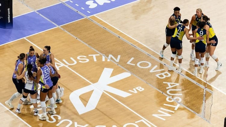 Teams huddle after a point during the second set in a match between LOVB Salt Lake and LOVB Austin at H-E-B Center at Cedar Park 