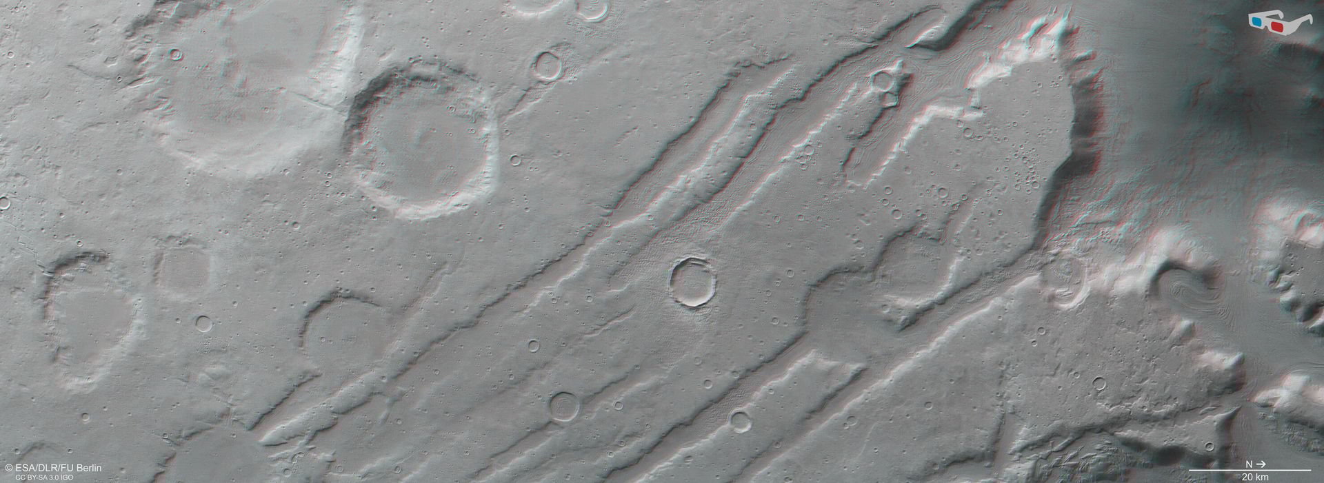 In this stereoscopic image of the Coloe Fossae region, the anaglyph offers a three-dimensional view when viewed using red-green or red-blue glasses.