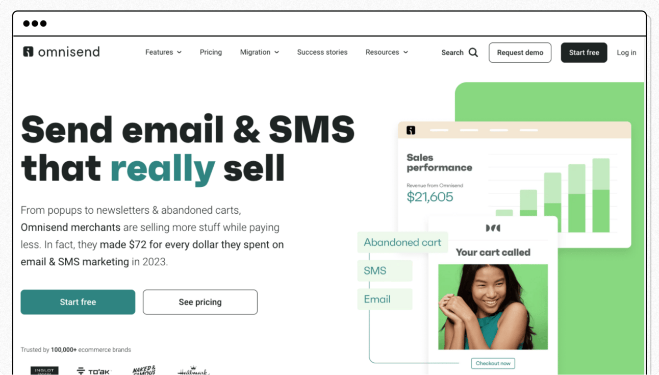Omnisend homepage promoting email and SMS marketing tools for ecommerce, highlighting automation, abandoned cart messages, and sales analytics to help businesses increase revenue.