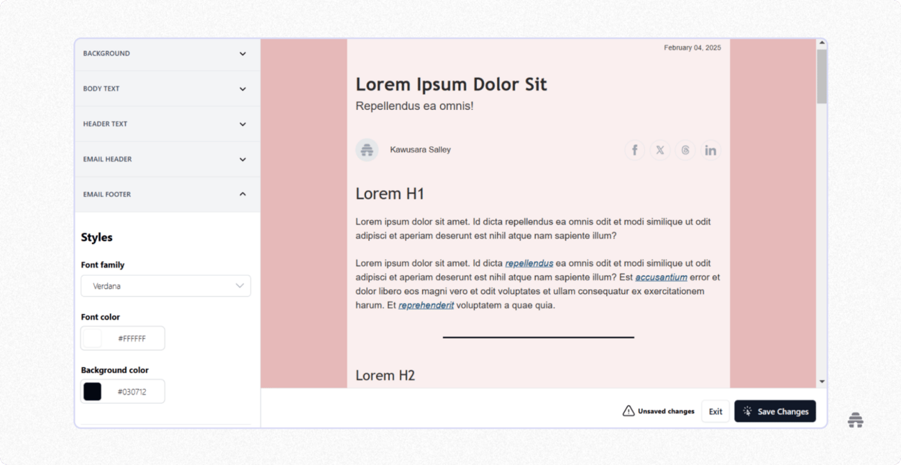 beehiiv newsletter builder showing style settings like font, colors, and background alongside a live email preview. Illustrates how creators customize the design and layout of a beehiiv newsletter before sending