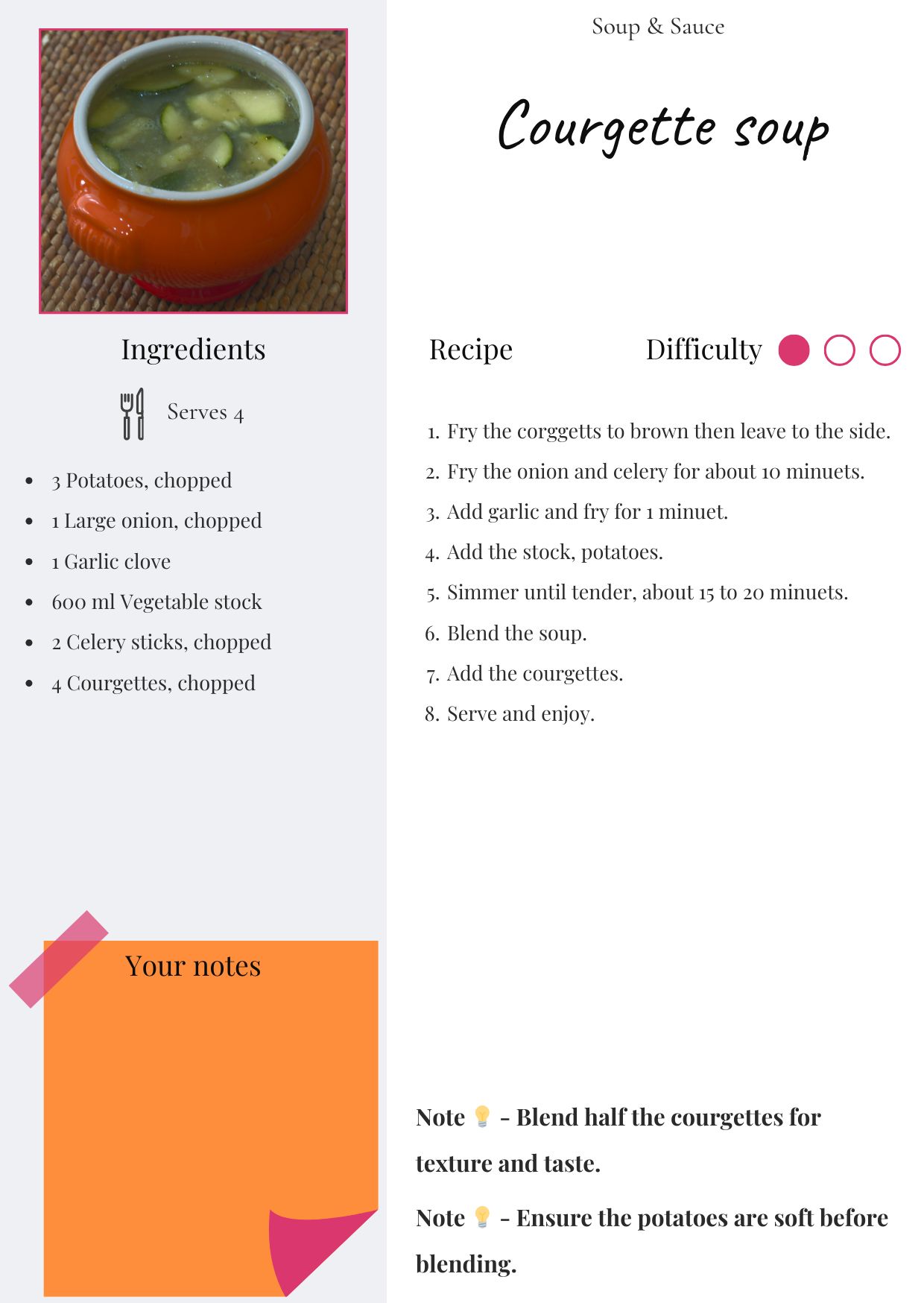 Courgette soup recipe card