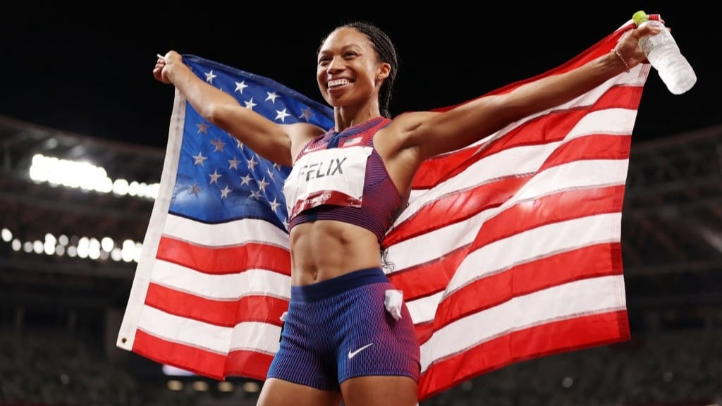 Allyson Felix of Team USA reacts after winning the bronze medal in the Women's 400m Final on day fourteen of the Tokyo 2020 Olympic Games