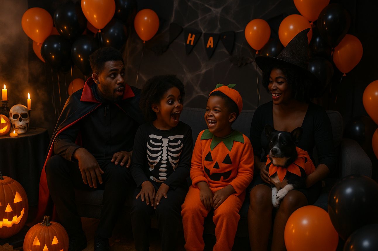 A photograph captures a Black family of four dressed in Halloween costumes, sitting in a festively decorated room with jack-o'-lanterns, candles, balloons, and cobwebs. The father wears a vampire cape, the mother a witch hat, the children are dressed as a skeleton and a pumpkin, and the family dog is in a pumpkin-themed outfit, creating a joyful and spooky scene.