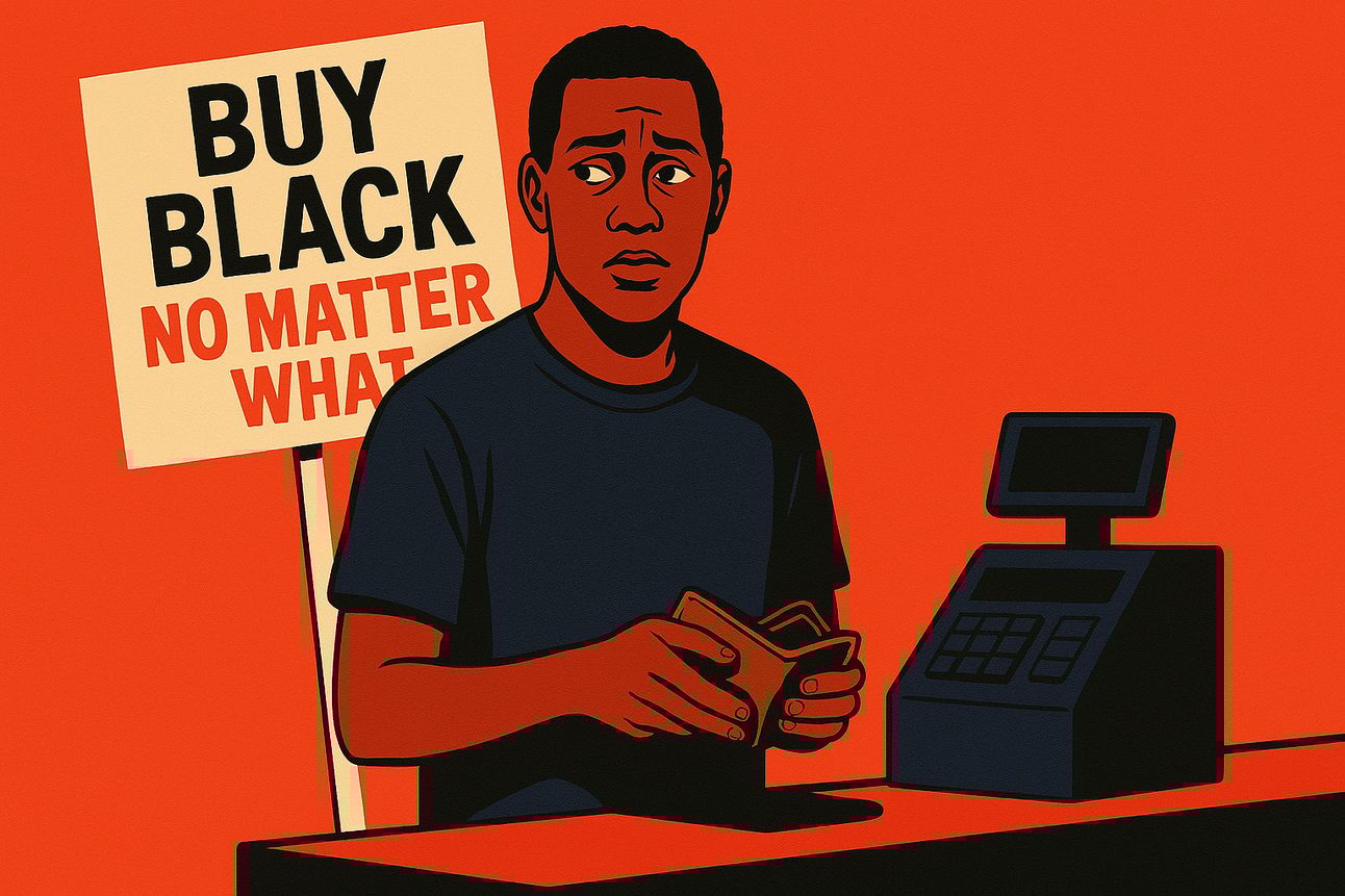 A digital illustration shows a Black man at a checkout counter, holding an open wallet with a hesitant expression. Behind him, a protest sign reads “BUY BLACK NO MATTER WHAT” in bold black and red text. A register sits to his right. The background is a solid red, emphasizing the emotional tension and cultural pressure of the moment.