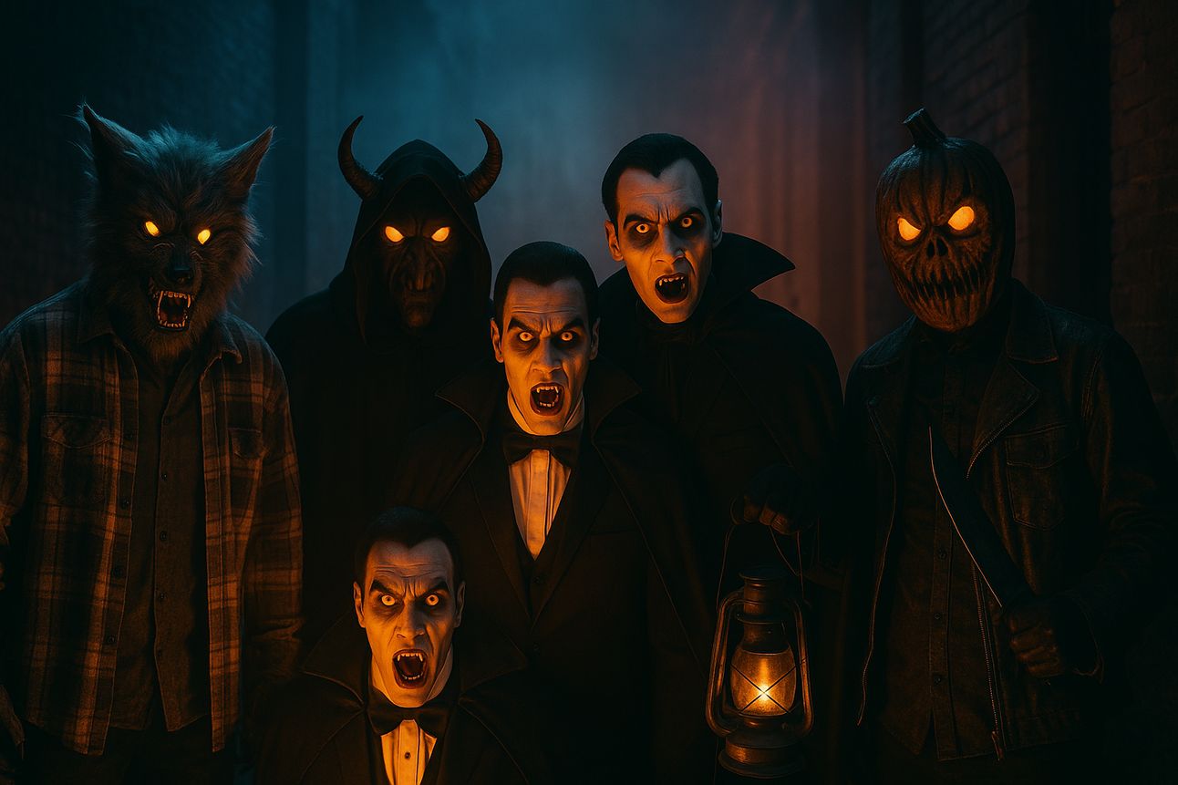 Six men in horror movie-inspired Halloween costumes pose in a dark, foggy alley lit with eerie blue and orange tones. Their outfits include a werewolf in a flannel shirt, a horned demon in a cloak, three vampires with glowing eyes and fangs, and a pumpkin-headed figure holding a knife. One vampire holds a lit lantern, enhancing the chilling atmosphere of the scene.