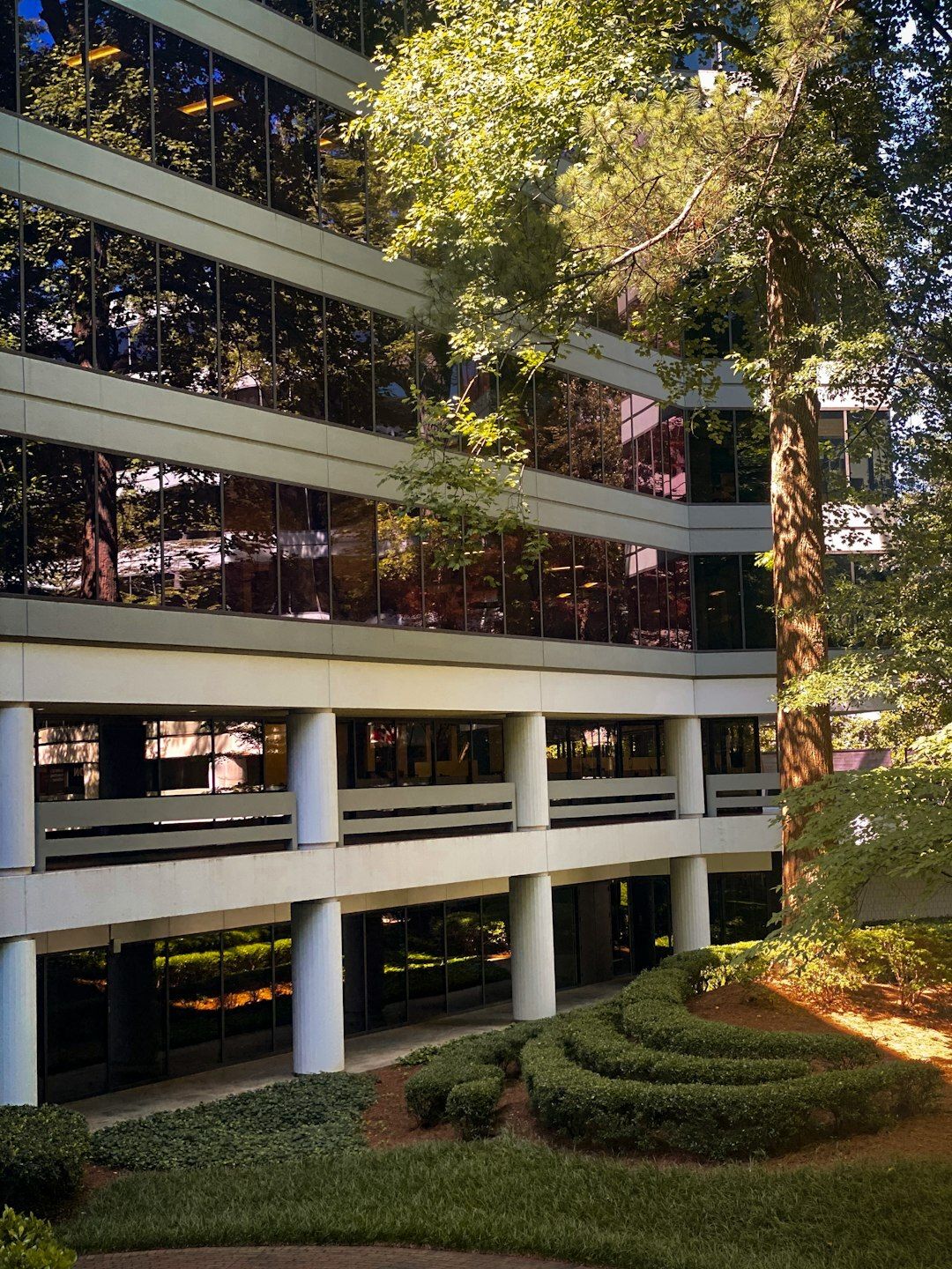 Trees and greenery surrounding outdoor office building