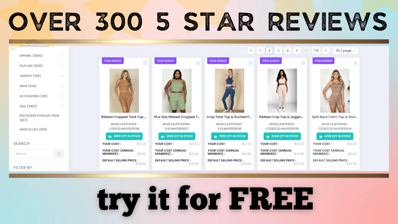 Banner showcasing a wholesale clothing catalog with over 300 5-star reviews. Features product thumbnails, categories like 'Apparel' and 'Plus Size,' and text promoting a free trial.