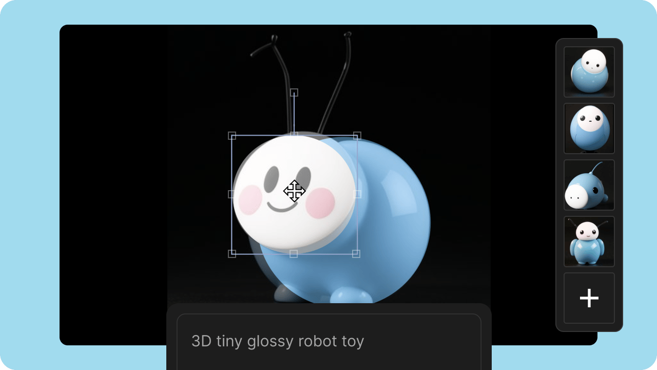 This image displays a 3D glossy robot toy with a round blue body and a white face, featuring rosy cheeks and a smile. The toy has two black antennae on top of its head. The interface shows different views of the toy on the right side, and the caption below the main image reads, "3D tiny glossy robot toy."