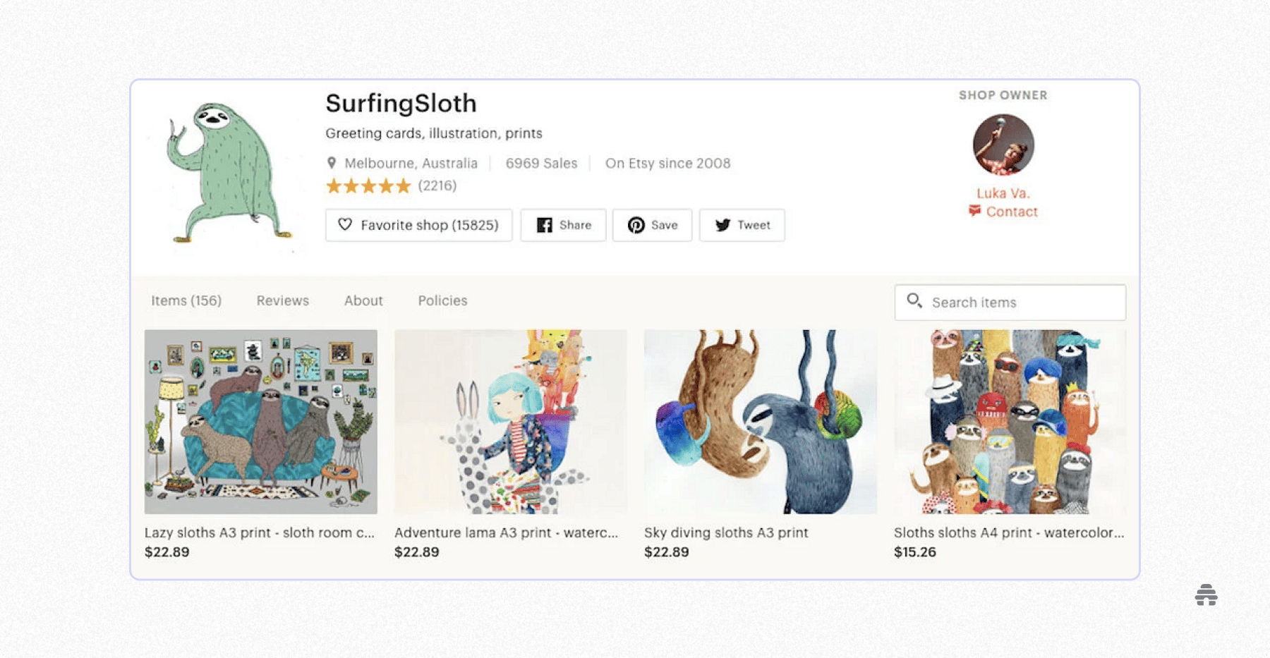 Etsy storefront for “SurfingSloth” featuring illustrated prints, shop ratings, product listings, and creator details for selling digital or physical art.