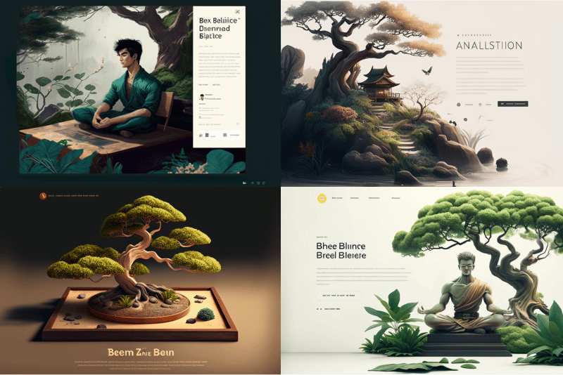 4 images showing variations of website pages featuring Bruce Lee meditating under bonsai trees in Zen garden themed imagery
