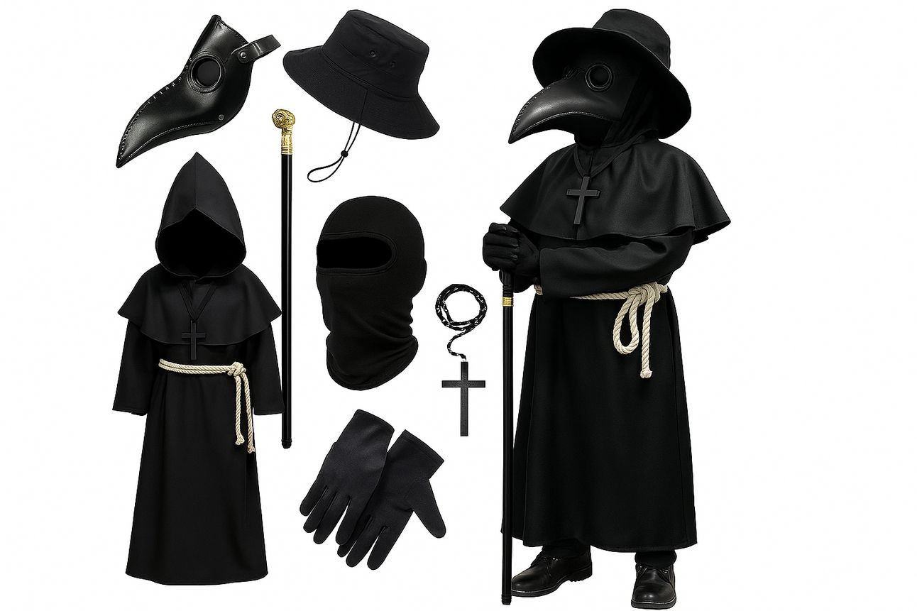 A collection of plague doctor costume pieces arranged against a solid white background, including a full child-sized outfit worn by a mannequin on the right. The costume features a black robe with a capelet, a wide-brimmed hat, a beaked mask, gloves, and a rope belt. Surrounding the mannequin are individual components such as a separate black hooded robe, a black balaclava, gloves, a gold-handled walking cane, a black cross necklace, and two hat variations. The overall aesthetic is dark, eerie, and historically themed.