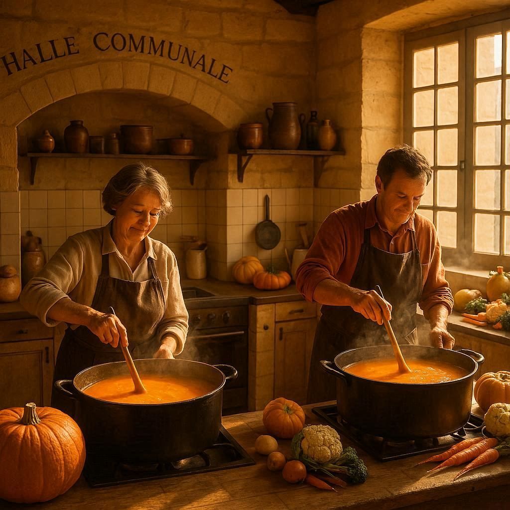 Two cooks preparing pumpkin soup at adjacent stations in a competition kitchen