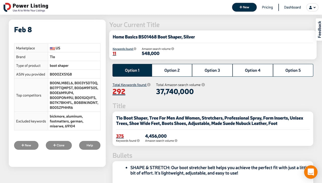screenshot of Power Listing with a completed listing