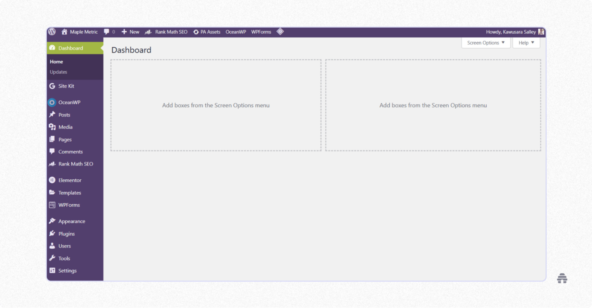 WordPress admin dashboard showing the site management interface with navigation for posts, pages, plugins, and settings. Illustrates the WordPress CMS backend where creators manage website content, themes, and plugins.