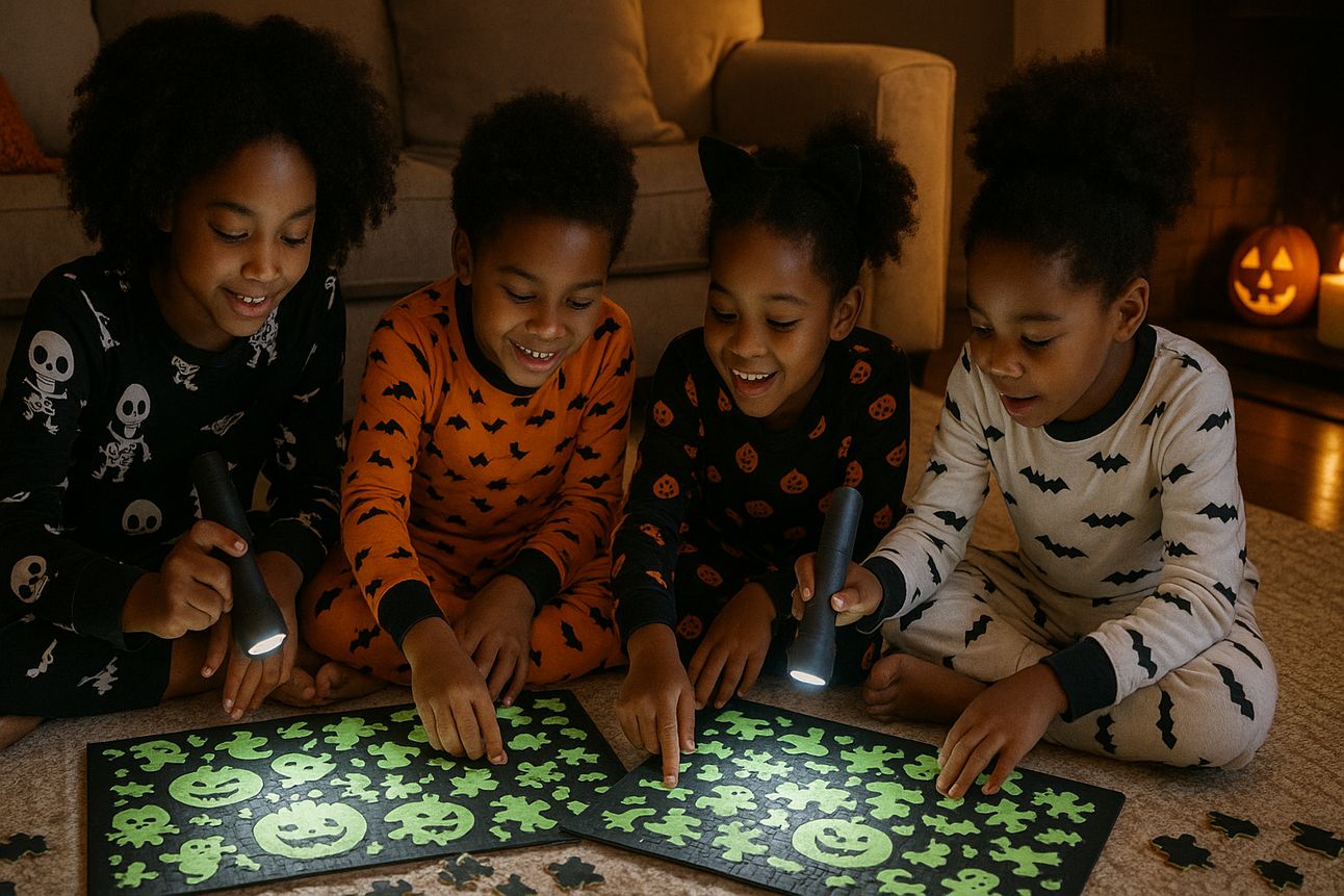 Black children in Halloween pajamas sit on the floor solving glow-in-the-dark puzzles by flashlight, with candy bowls and cozy Halloween decorations in the background.