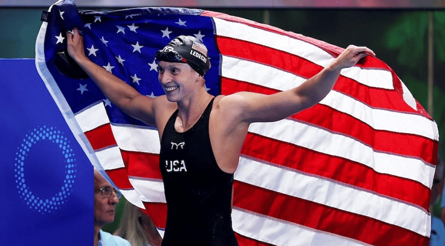 Katie Ledecky of Team United States reacts after winning the gold medal during the Women's 1500m Freestyle Final 