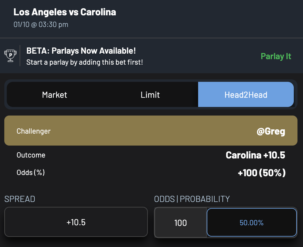 A screenshot of an order screen for a BettorEdge bet on the Carolina Pannthers. 