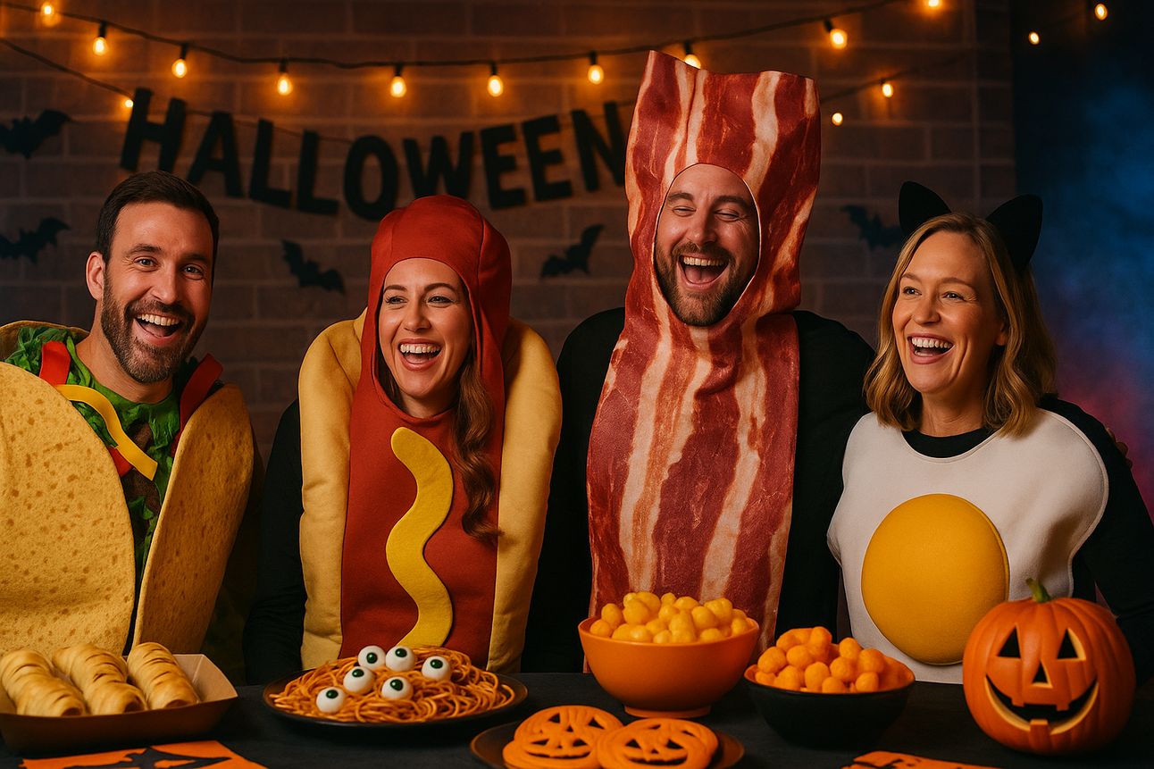 Four adults laugh and smile at a Halloween party while wearing funny food costumes, including a taco, hot dog, strip of bacon, and bacon & eggs combo. Behind them, a “HALLOWEEN” banner and orange string lights create a festive backdrop, while themed snacks like eyeball spaghetti, jack-o’-lantern cookies, and mummy crescent rolls sit on the table in front of them.