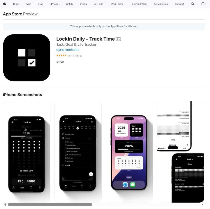 An App Store preview for "Locklin Daily - Track Time," a $4.99 iPhone app by cynq ventures (4.9 stars). Screenshots show a dark-themed interface with task tracking, goals, and a calendar for 2025, featuring progress bars and checklists on iPhone displays.