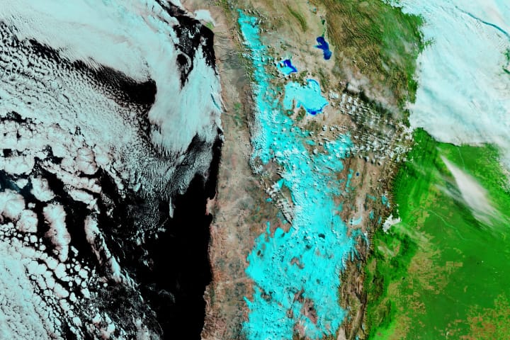 This image shows snowfall across the Altiplano captured on June 26, 2025, the day after the storm. High elevation, clear skies, cloud composition, and its Southern Hemisphere location contribute to unusually intense solar irradiance.
