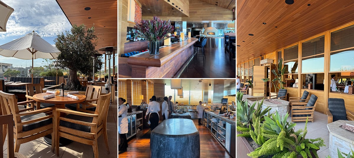 nterior and outdoor patio of Laurel Grill in Culver City featuring warm wood tones, open kitchen, floral décor, and comfortable dining spaces with natural light