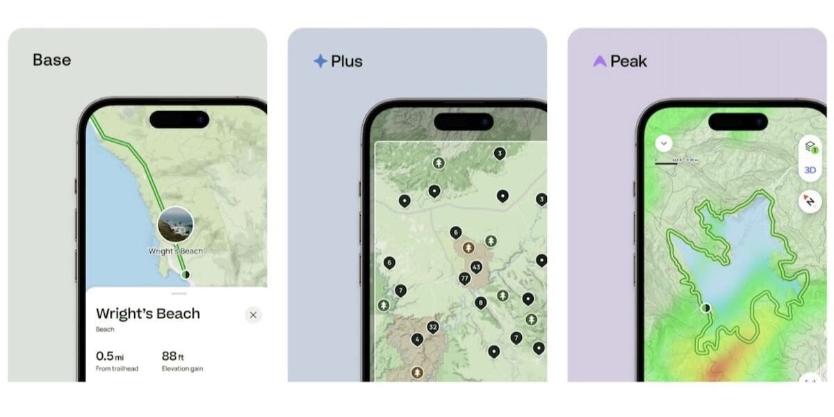AllTrails app view of three new screens availability