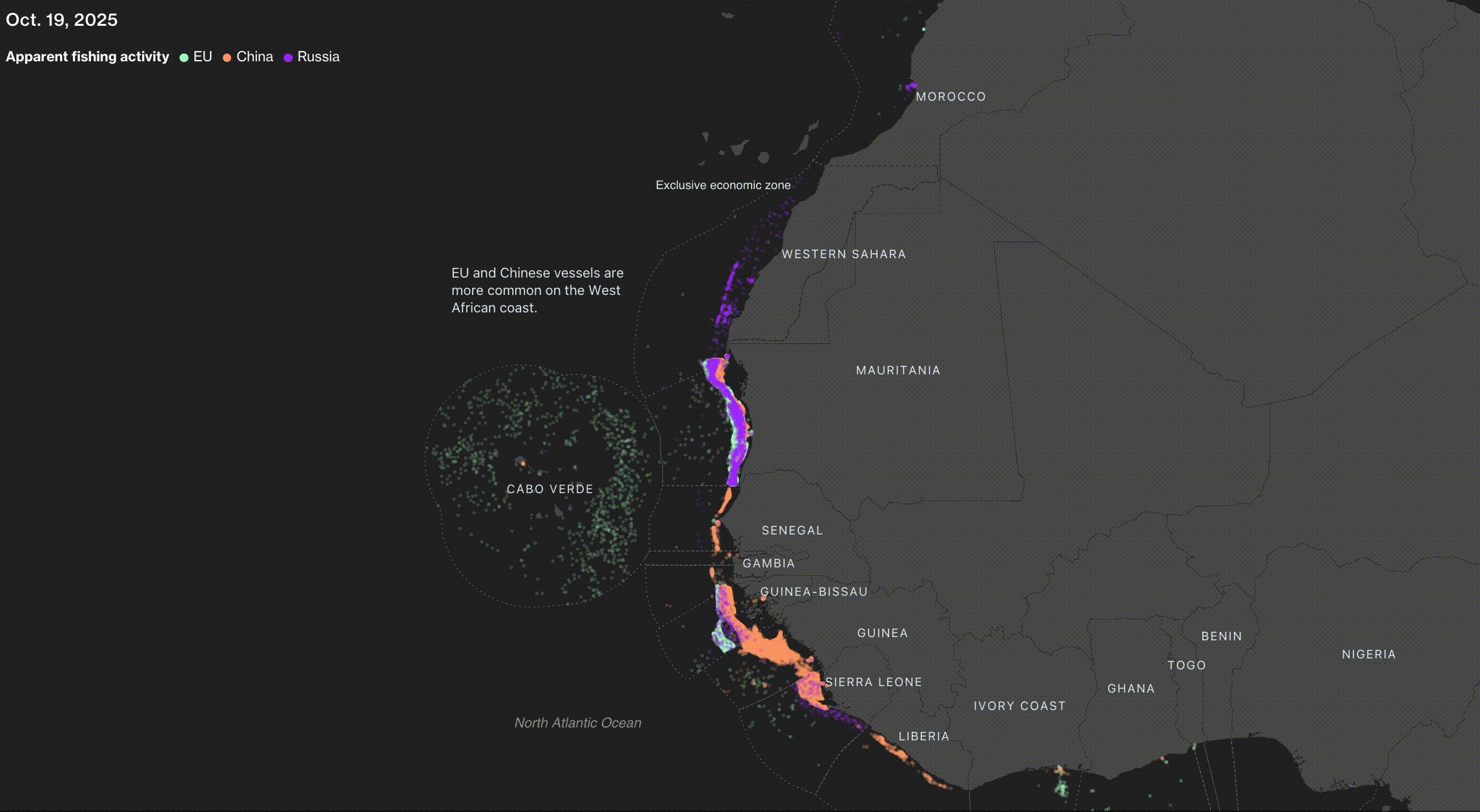 Animated visual displaying Russia’s expanding fishing and maritime agreements across Africa.