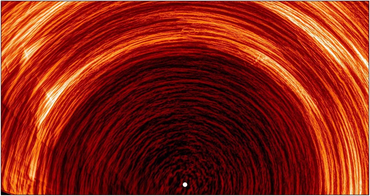 ESA’s Solar Orbiter has captured the first detailed view of the Sun’s south pole, revealing that magnetic fields migrate poleward faster than previously thought—at speeds up to 20 m/s. The magnetic network on the solar surface leaves imprints in the chromosphere above. In images of this region taken by Solar Orbiter's Extreme Ultraviolet Imager (EUI), these imprints appear as bright spots. This processed EUI image of the Sun's south pole (indicated by the white dot) is constructed by combining eight days of observations from March this year. This image shows the tracks of the bright spots. Due to the Sun's rotation, they are seen as elongated, bright arcs. This challenges earlier models based on ecliptic-plane data, which suggested slower polar drift. The findings, published in Astrophysical Journal Letters, show supergranules, plasma cells two to three times Earth’s size, acting as tracers of the Sun’s global magnetic conveyor belt. Long-term polar observations remain critical to understanding the solar cycle and space weather dynamics.