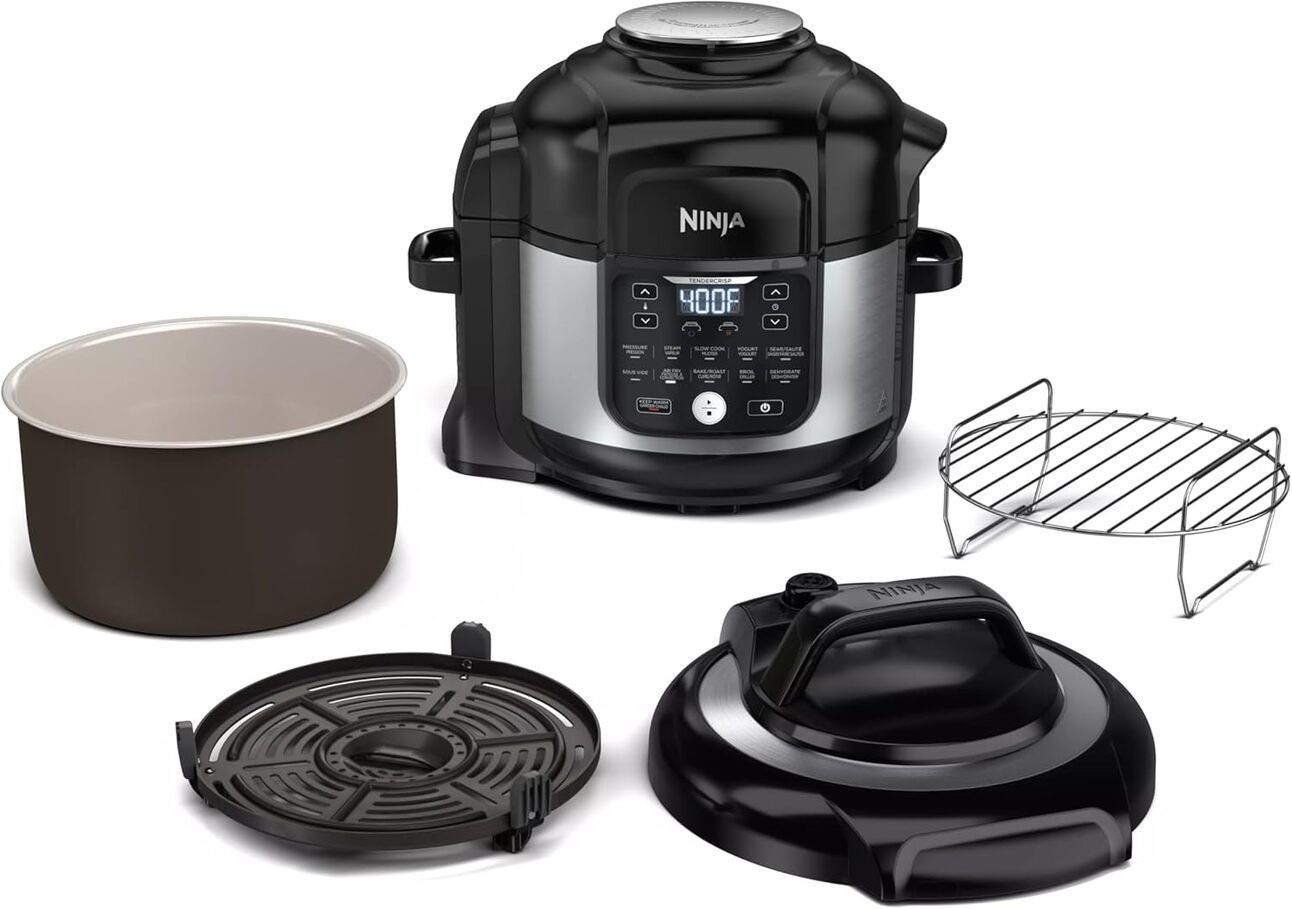 Ninja Foodi 6.5-Quart Pressure Cooker – A versatile black and silver pressure cooker with dual lids, shown cooking a crispy roasted chicken on one side and rice on the other. Air fryer attachment highlighted beside it.