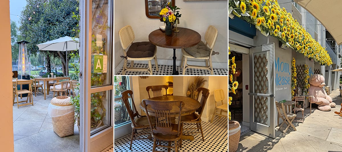 Interior and outdoor seating of Mom Please café in Los Angeles featuring wooden tables, sunflower decorations, and a warm, homey atmosphere reminiscent of traditional Ukrainian hospitality