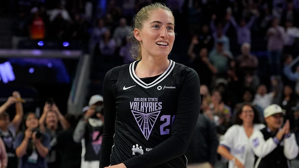 Kate Martin #20 of the Golden State Valkyries smiles against the New York Liberty on September 2, 2025 at Chase Center in San Francisco, California.