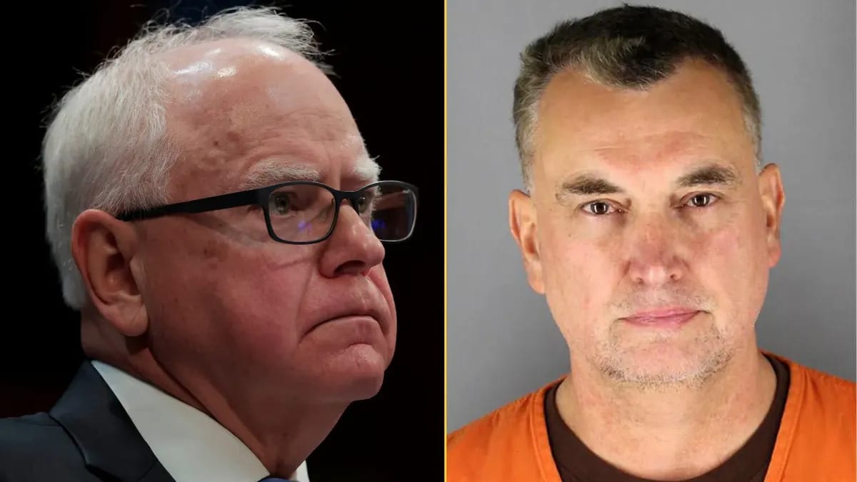 Two white men are pictured. The man on the left looks to the right and is wearing a black and white suit, while the man on the right looks at the camera and appears to be wearing an orange jumpsuit.