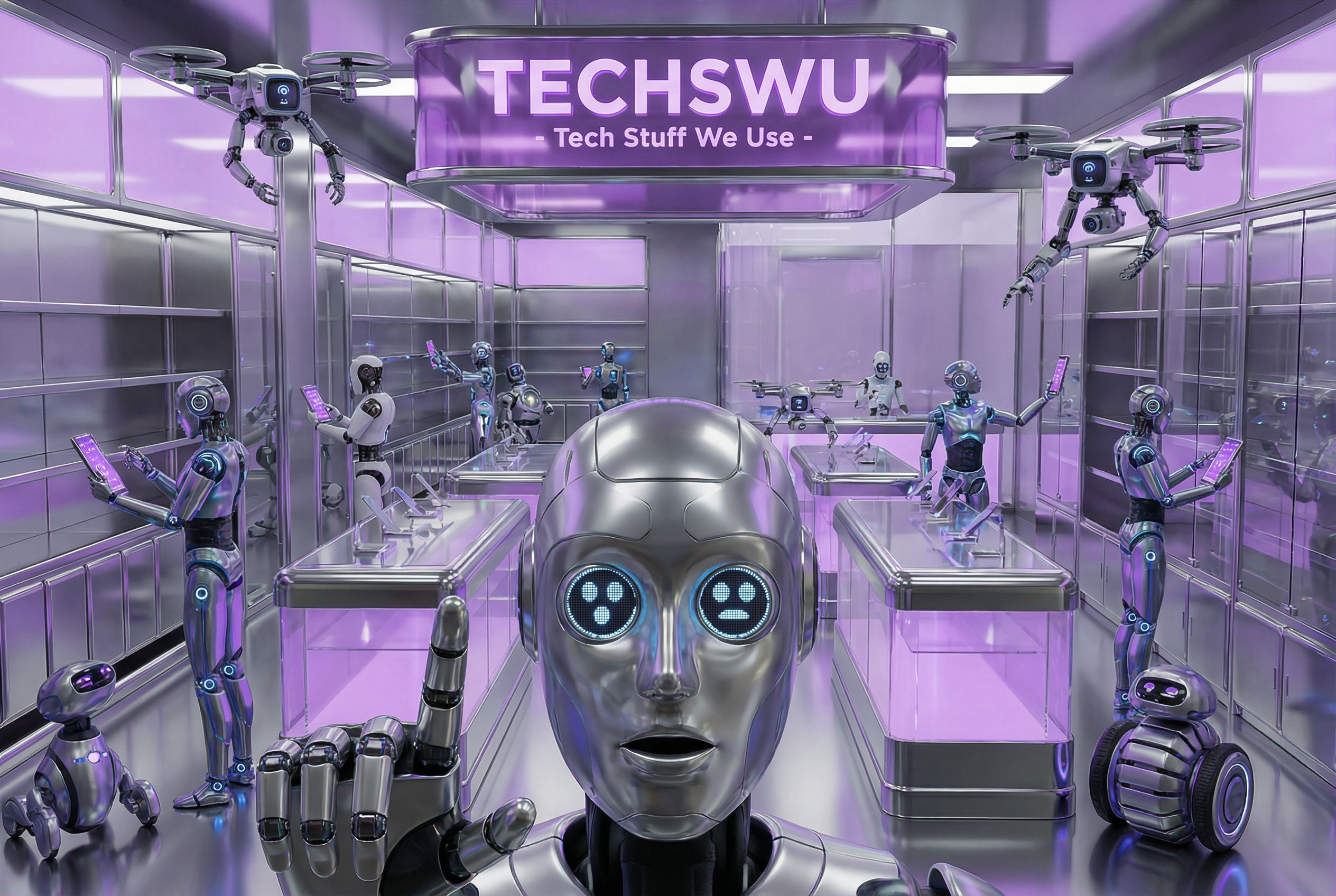 Future AI Robots in the Store An ultra-futuristic 3D render of the TECHSWU store completely staffed and visited by sleek AI robots of every design, the purple "Tech Stuff We Use" sign casting clean light across chrome surfaces. Humanoid robots, drone assi