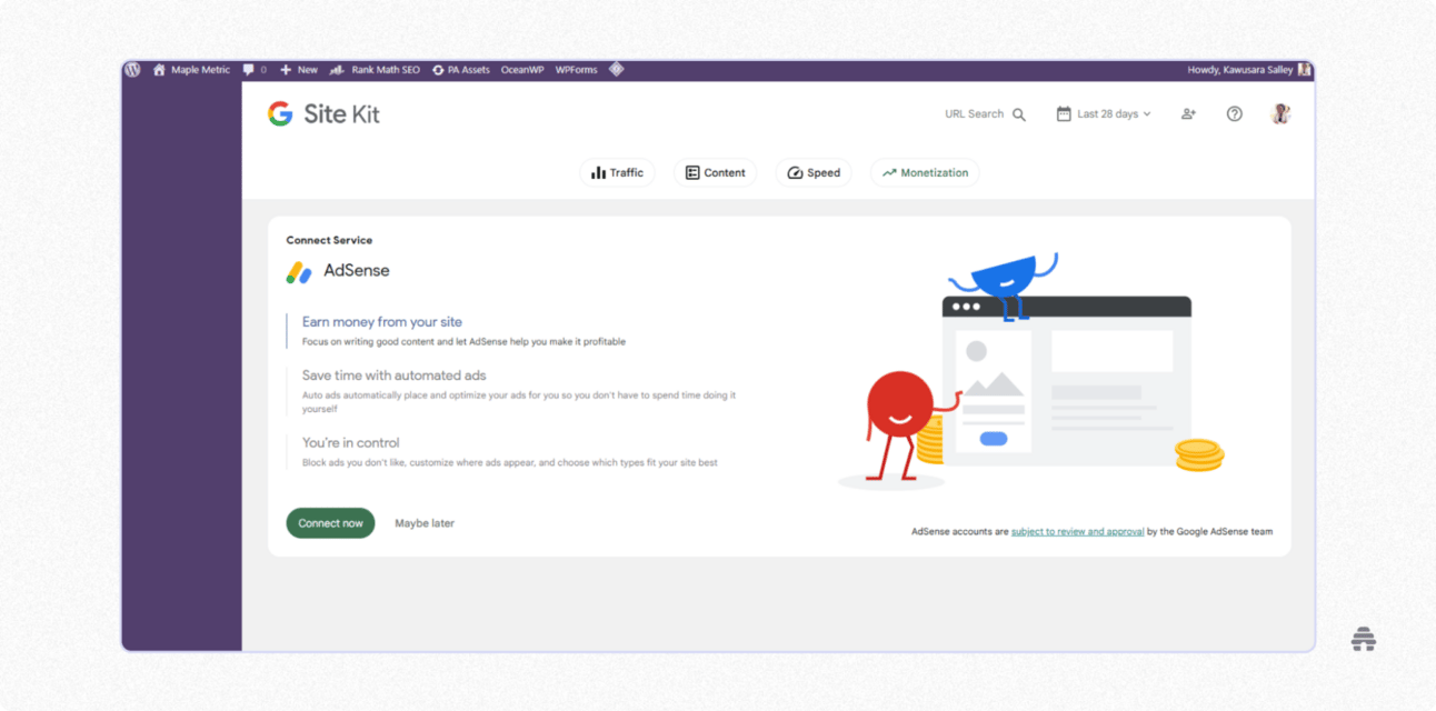 WordPress Google Site Kit dashboard showing AdSense integration setup for monetizing a website with ads. Illustrates how creators connect Google AdSense in WordPress to track traffic and generate revenue from site content.