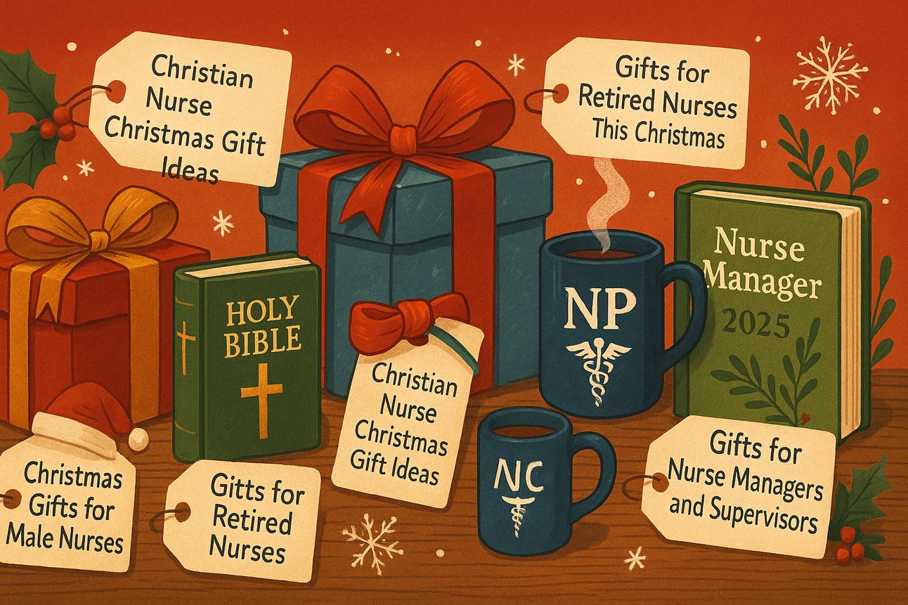 A colorful digital illustration showcases Christmas gift ideas tailored to nurses by identity or position. The scene features wrapped presents, a Holy Bible, two coffee mugs labeled "NP" and "NC," and a green book titled "Nurse Manager 2025." Gift tags label categories such as "Christmas Gifts for Male Nurses," "Christian Nurse Christmas Gift Ideas," "Gifts for Retired Nurses," and "Gifts for Nurse Managers and Supervisors." The background includes snowflakes, holly, and festive greenery on a warm red backdrop.