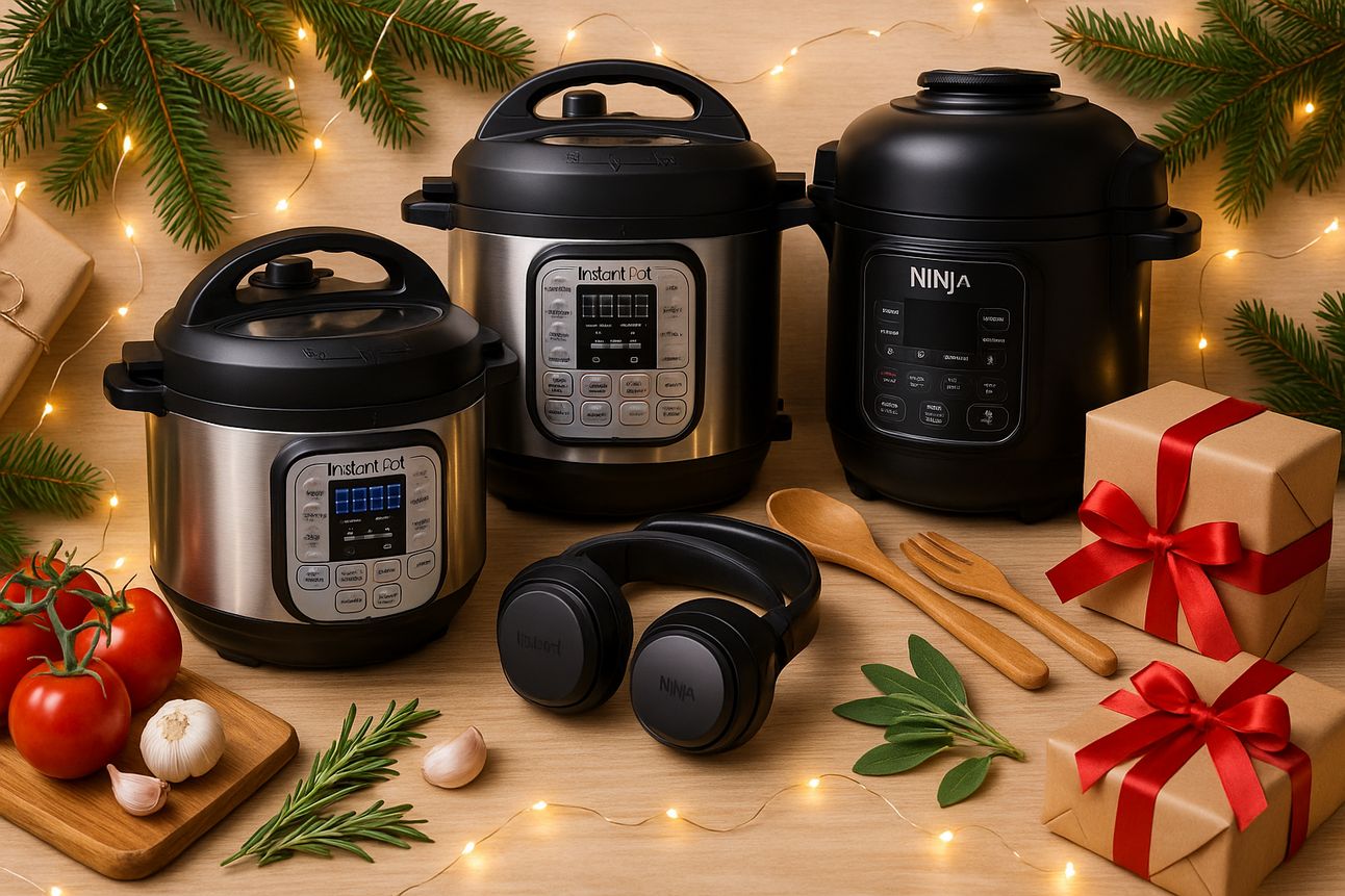 A cozy holiday flat lay featuring three electric pressure cookers, including two Instant Pots and one Ninja model, arranged on a light wooden surface with festive greenery, fresh tomatoes, garlic, rosemary, wooden utensils, string lights, and wrapped gift boxes tied with red ribbon—evoking a warm and inviting kitchen atmosphere.