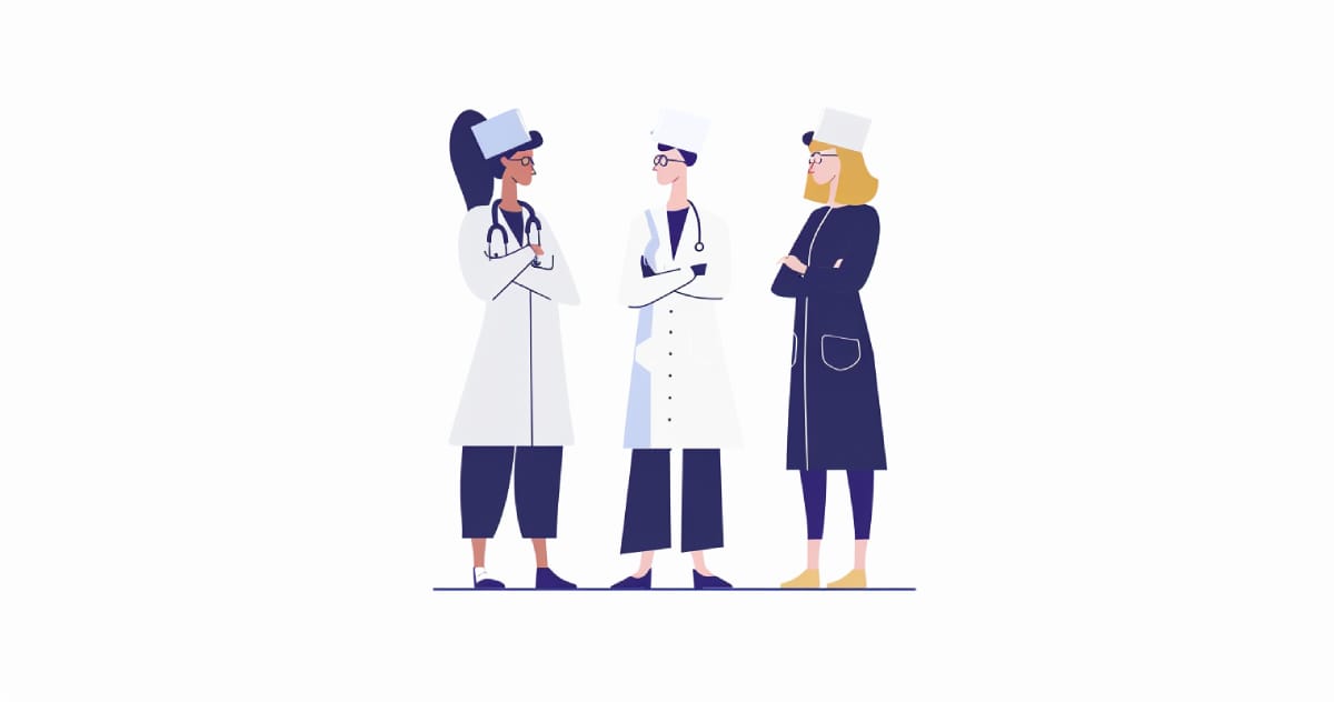 Three Nurses standing in the middle on white background
