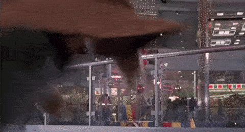 Arnie in a mall, sliding across the floor until his face squashes against glass