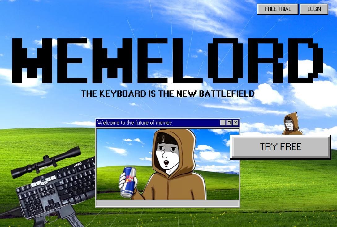 A surreal image with "MEMELORD" text, a keyboard with a rifle, and a cartoon character holding a drink. Includes "TRY FREE" and "FREE TRIAL" buttons, set against a green field and blue sky.