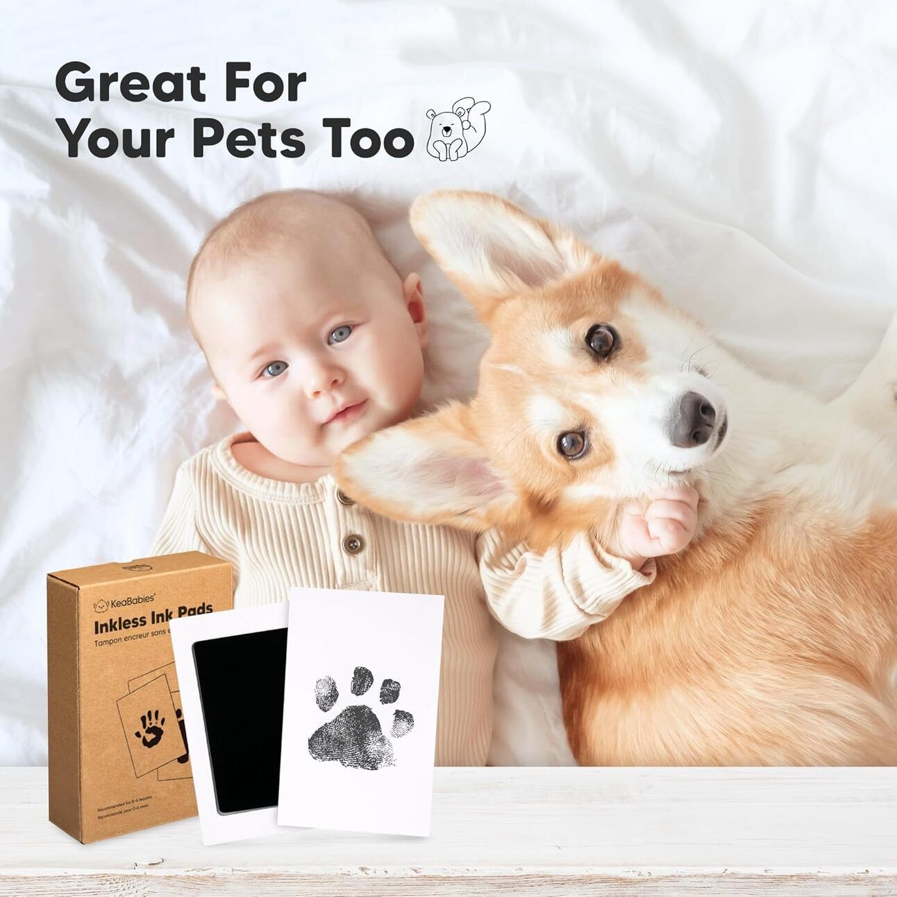 Pet Paw Print Keepsake Kit A DIY paw print kit with a clay impression of a pet’s paw, shown next to a small framed photo of the pet on a shelf or mantel.