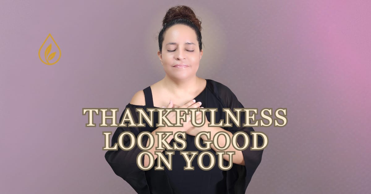 Jenice Story smiling softly with closed eyes and hands on heart, symbolizing gratitude and inner peace — AJ’s EO Infusions Feel Good Friday.